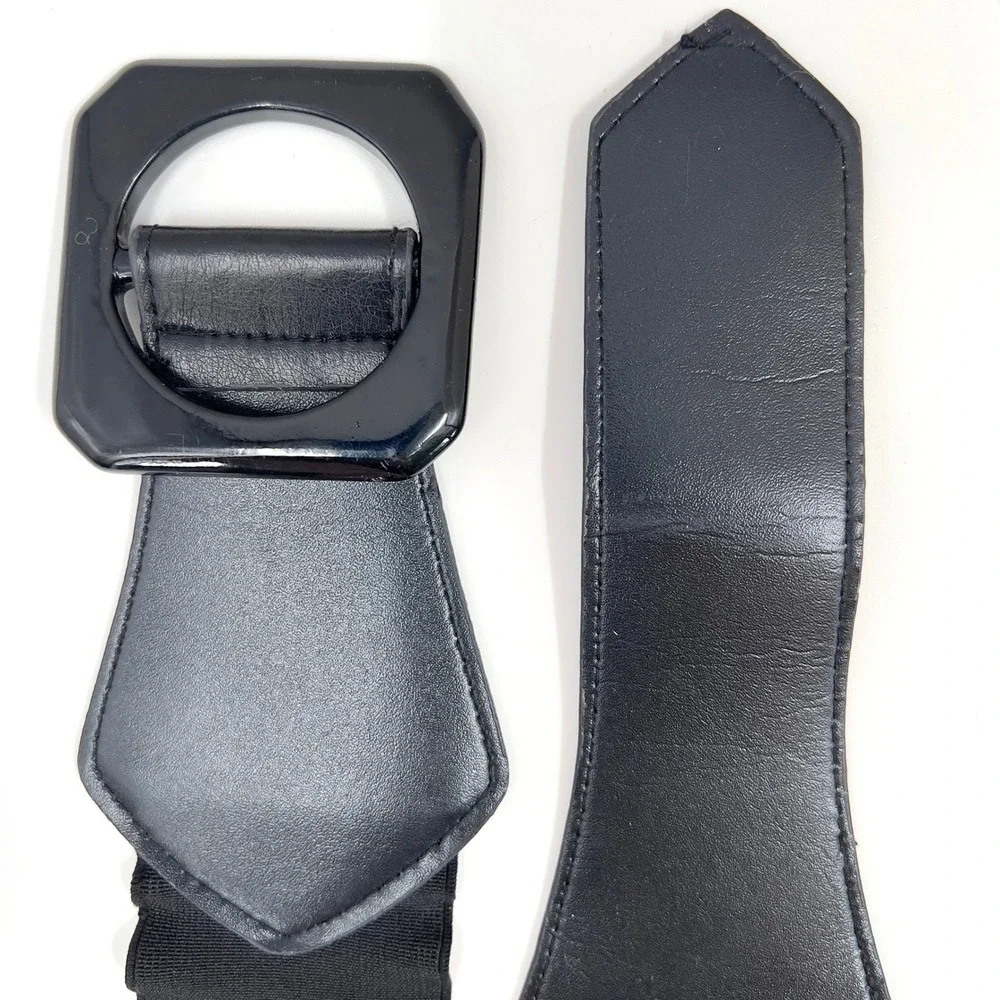 Wide Black Belt Elastic Cinch Waist Square Resin Buckle Pinup Retro Vintage 80s